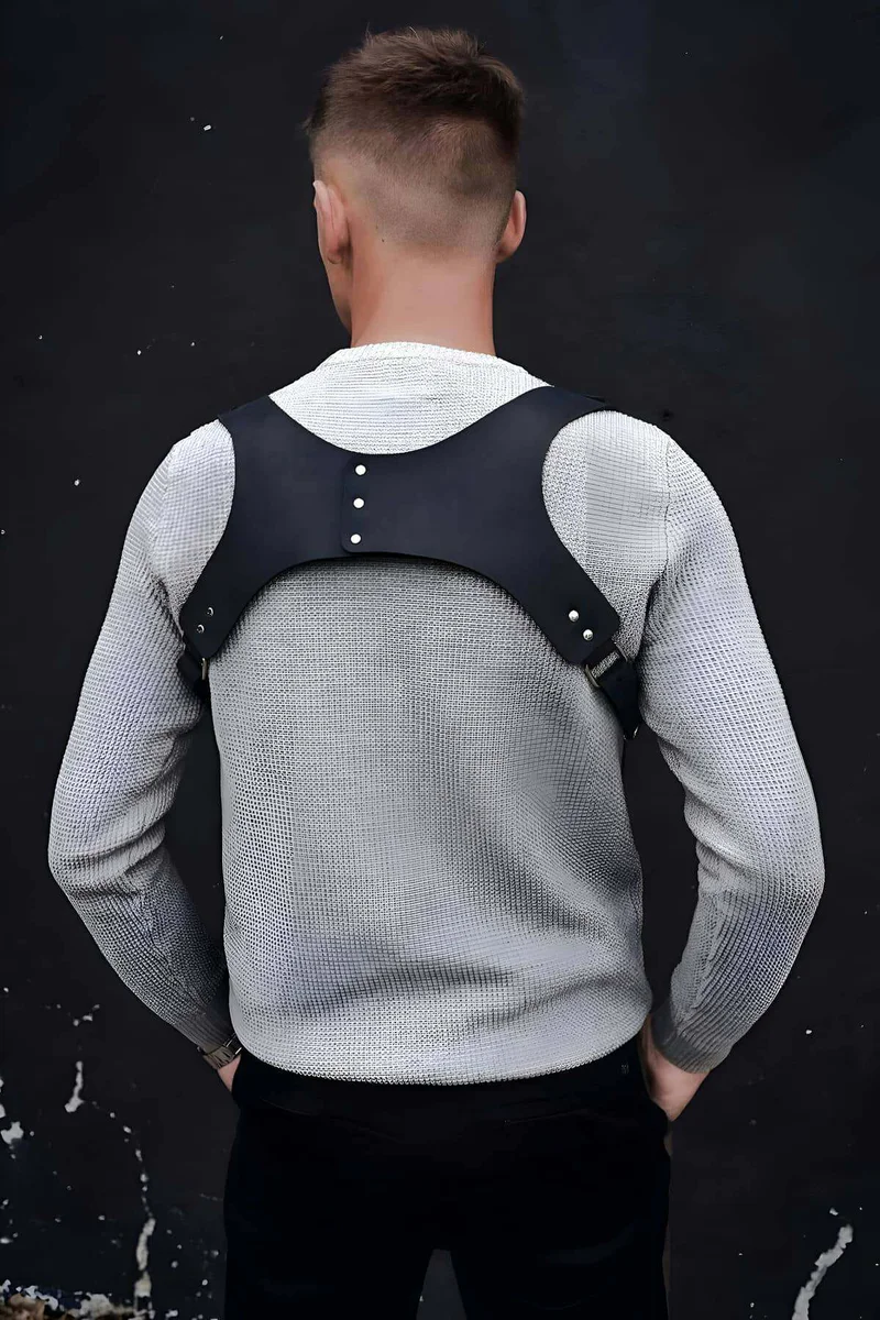 Black Vegan Leather Chest Harness Back View with