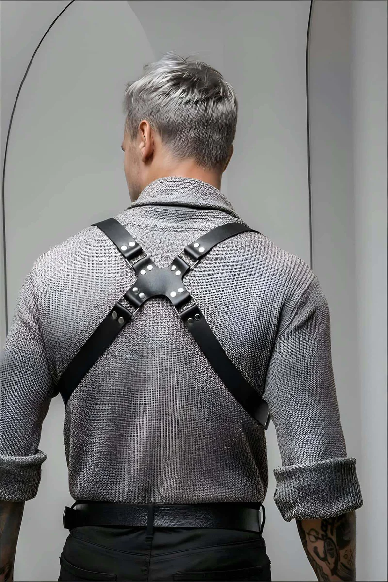 Black faux leather body harness with X