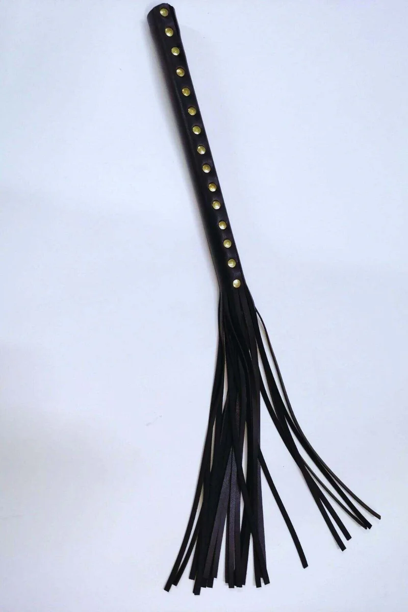 Black Faux Leather Tassel Whip Studded Handle Flowing Strips