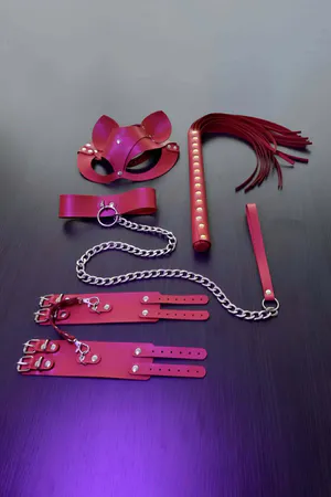 Red Fantasy Set, Whip - Handcuffs - Leash - Mask Set - APFT1246