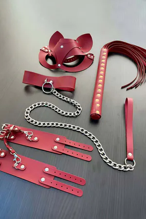 Red Fantasy Set, Whip - Handcuffs - Leash - Mask Set - APFT1246