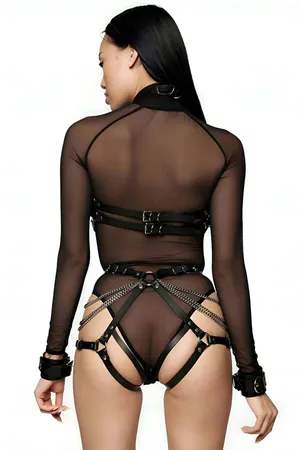 Sexy Leather Harness Set with Chain Detail, Women's Erotic Fantasy Wear - APFT1224