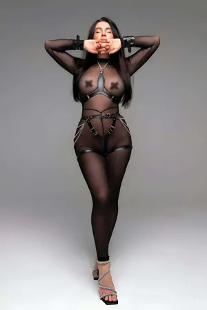 Black Faux Leather Full Body Harness with Silver Hip Chains & Handcuffs