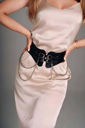 Wide Vegan Leather Waist Harness Belt Black Draped Chains Double Buckles