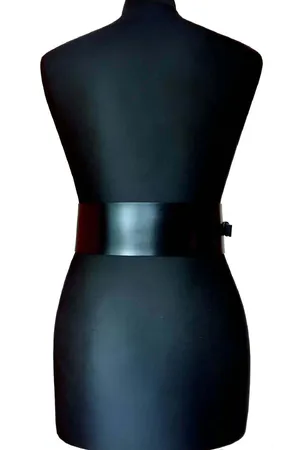 Black Faux Leather Wide Waist Harness Belt with Double Silver O-Rings