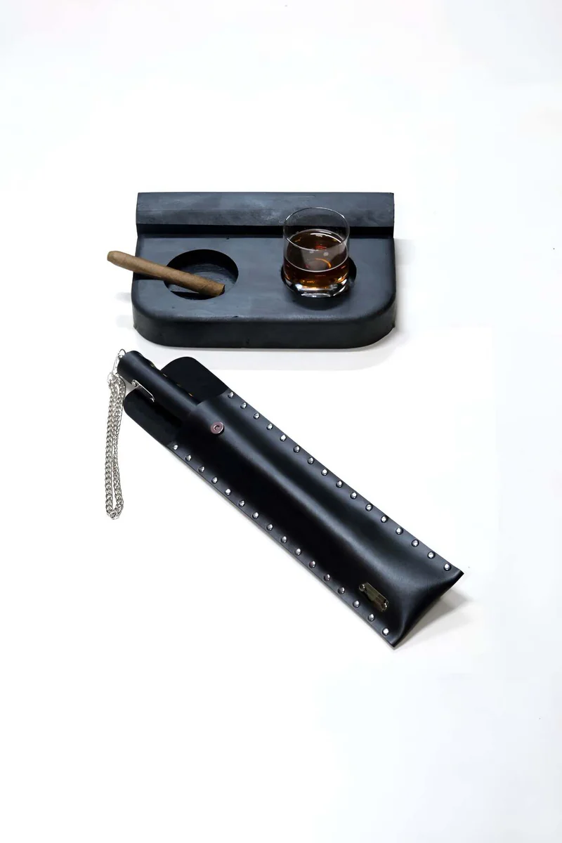 Black Faux Leather Riding Crop with Silver Studs and Ashtray Set