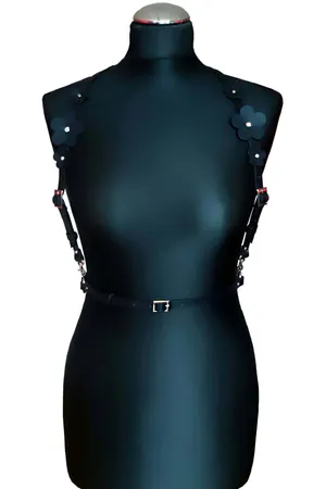 Black Flower Shoulder Harness Vegan Leather Floral Appliques