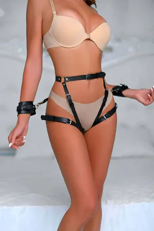 Stylish Leather Cuffed Butt Hugging Harness Set - APFT1028