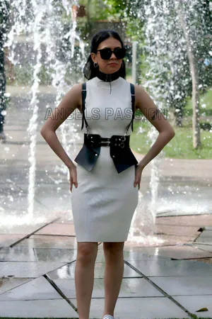 Black Structured Waist Harness Belt with Sculpted Hip Panels & Choker Set in Vegan Leather
