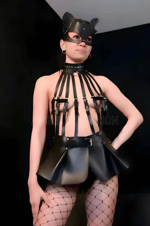 Black Faux Leather Skirt Harness Set with Bustier and Studded Choker on model