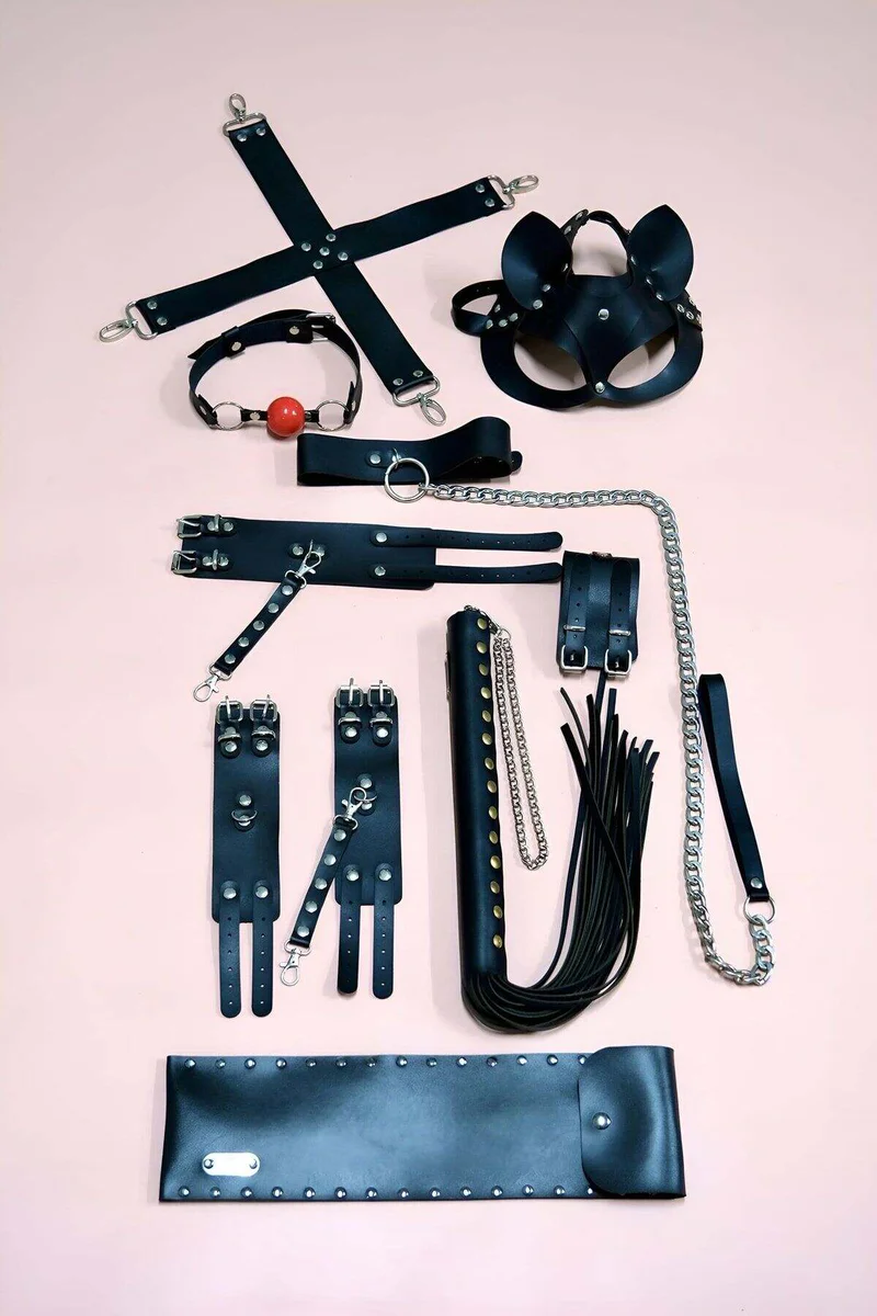 Black Faux Leather Restraint Accessory Kit Cat Mask Flogger Whips