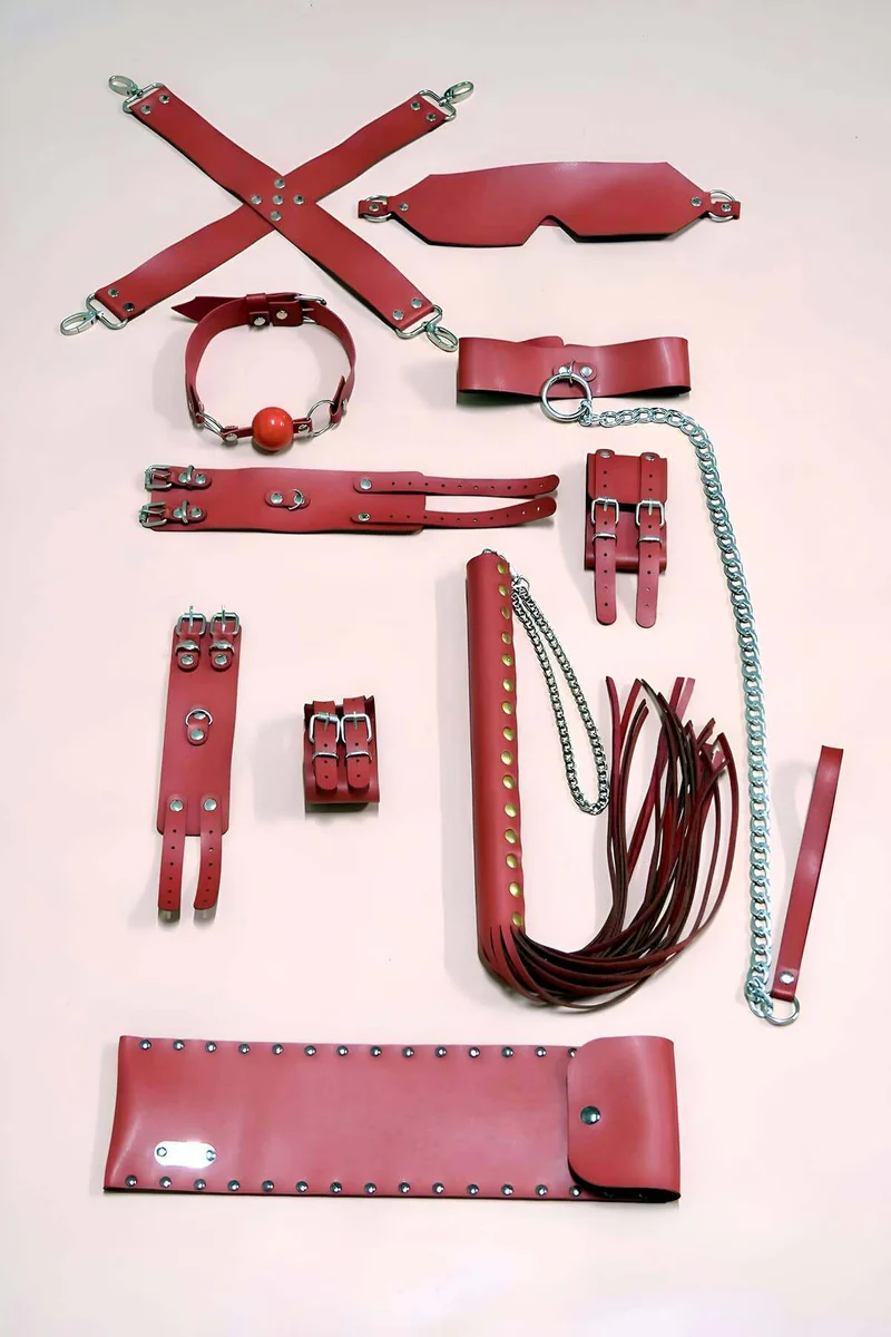 Red Faux Leather Restraint Set with Blindfold Collar and Whip