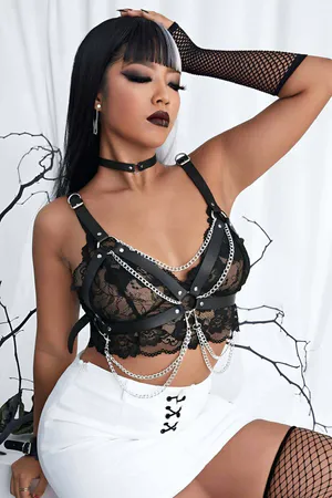 Stylish Leather Chain Chest Collar and Bracelet Suit harness - APFT952