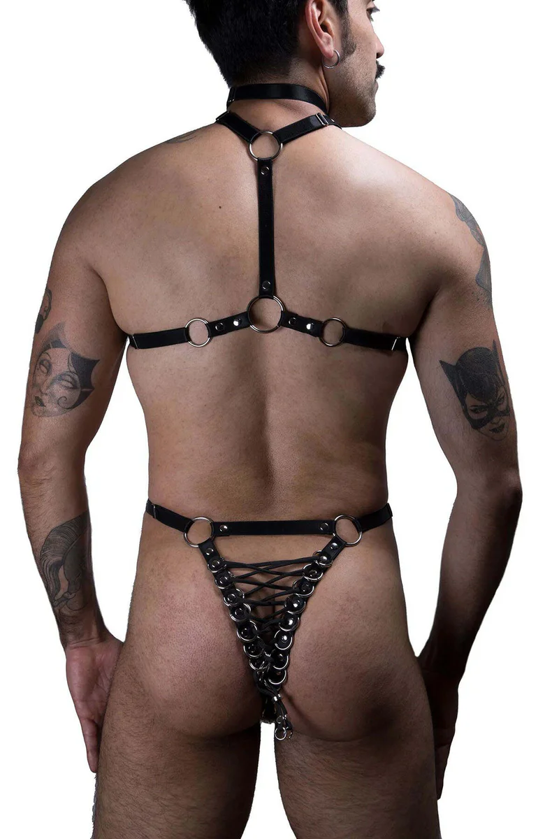 Men's Adjustable Leather Body Harness with O-Rings