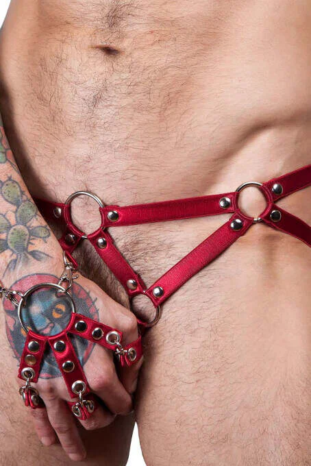 Men's Red Body Harness Set with G-String Style and Cuff