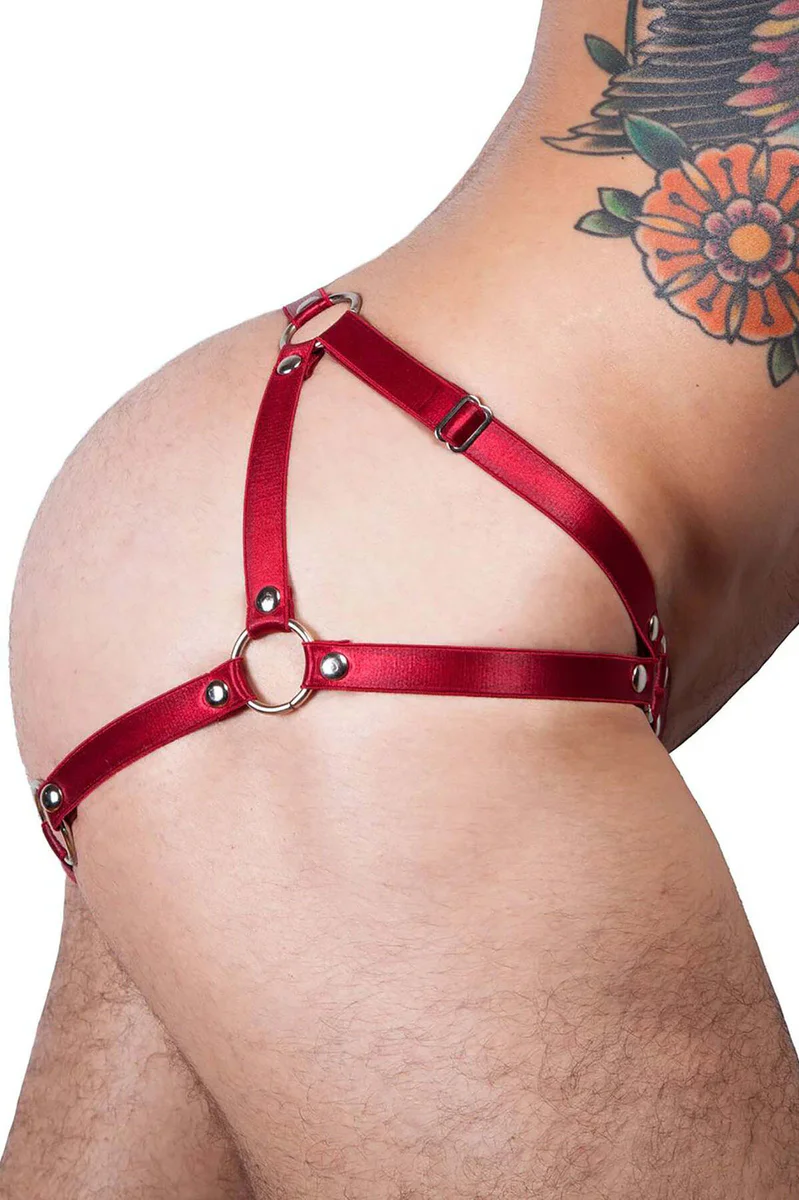 Men's Red Body Harness Set with G-String Style and Cuff