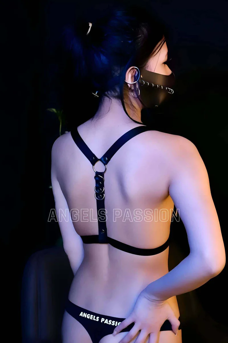 Black vegan leather chest harness front view