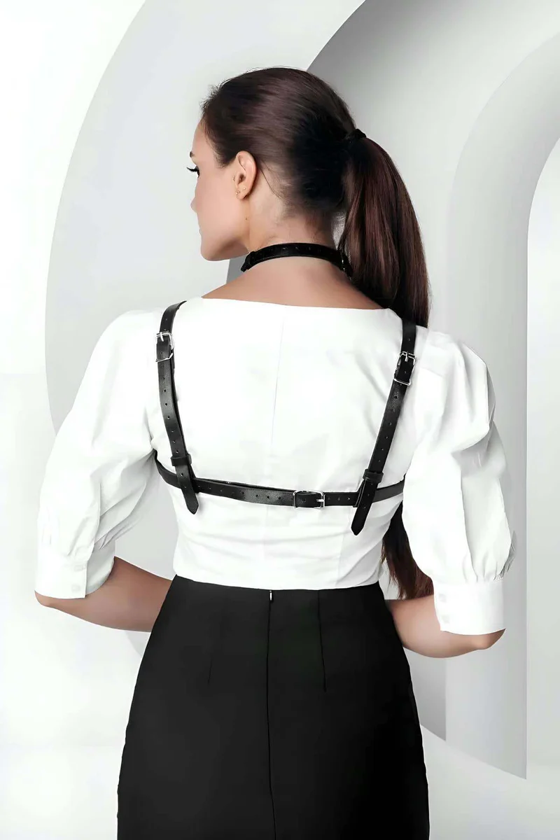 Black faux leather harness and choker