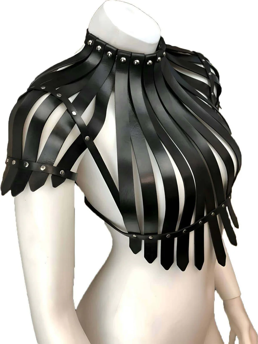 Black leather fringe shoulder harness side view showing adjustable neck strap