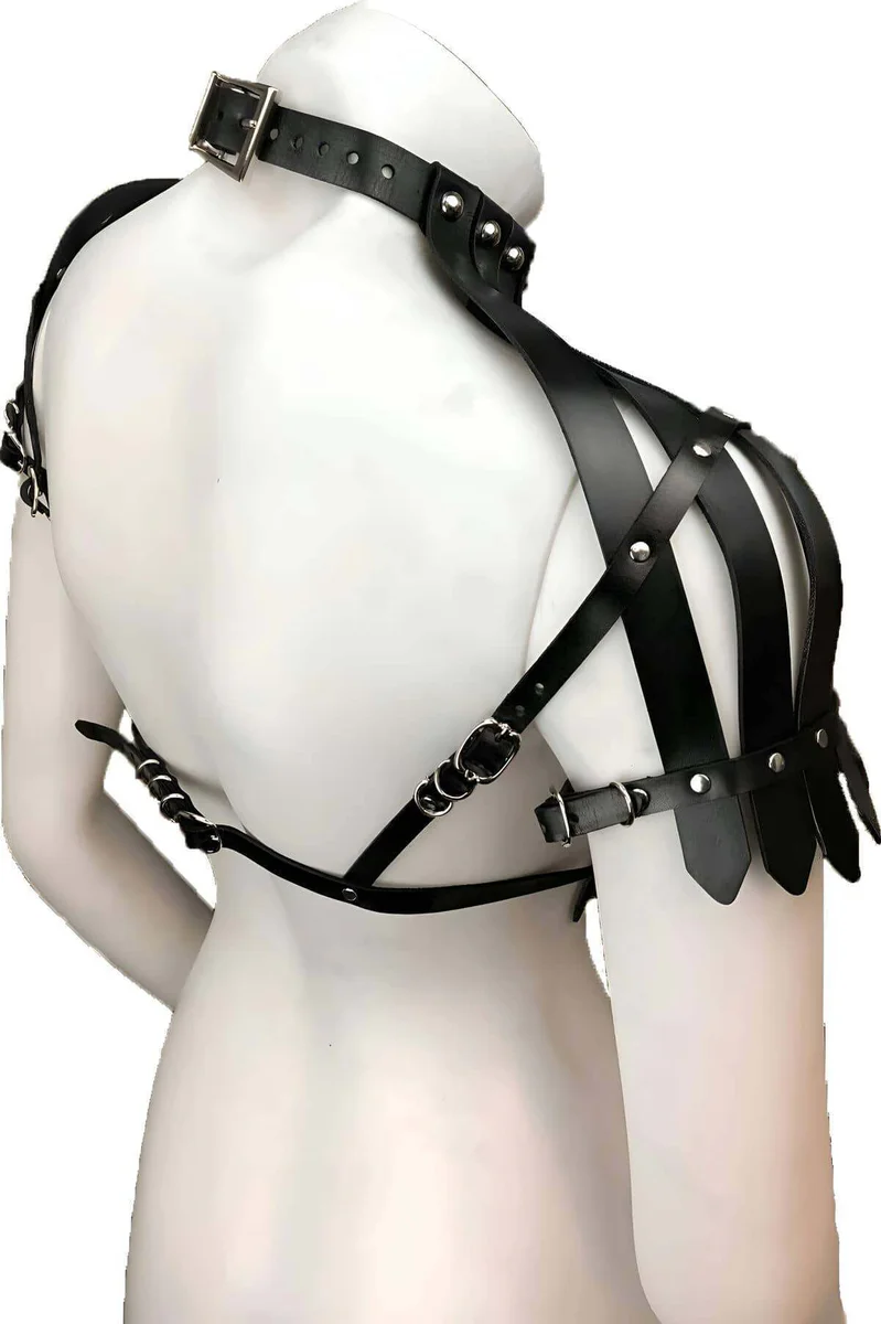Black statement shoulder harness with buckle and studded detail