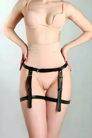 Black Faux Leather Adjustable Thigh Garter Harness with Buckle Closure
