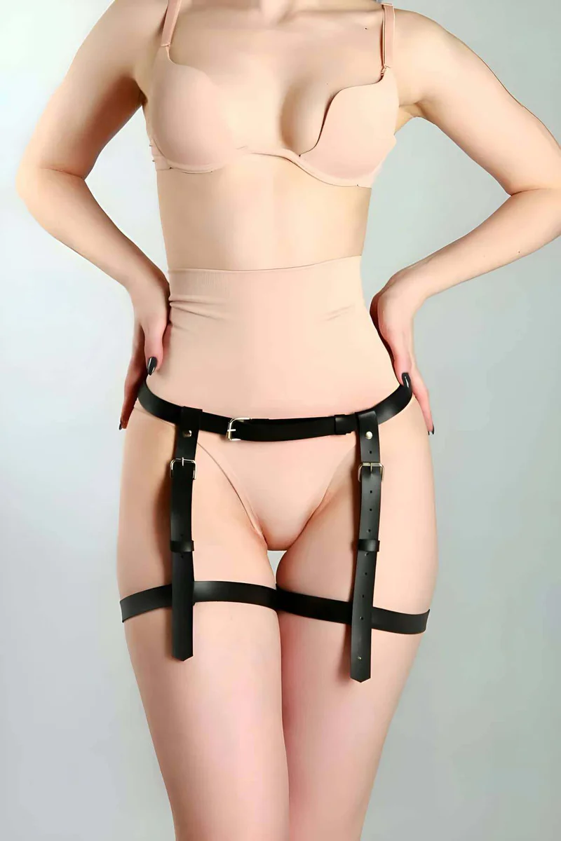 Black faux leather leg harness front view worn