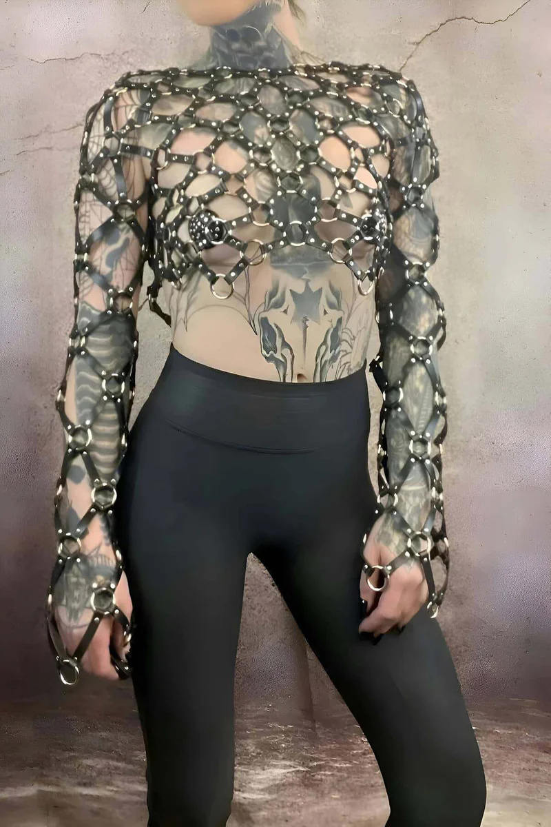 Black Faux Leather Full Body Harness with Mesh Sleeves and Silver O-Rings