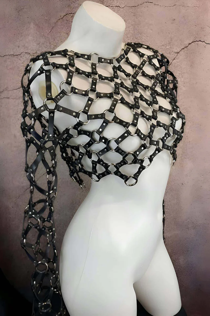 Worn body harness black side profile mesh sleeve detail