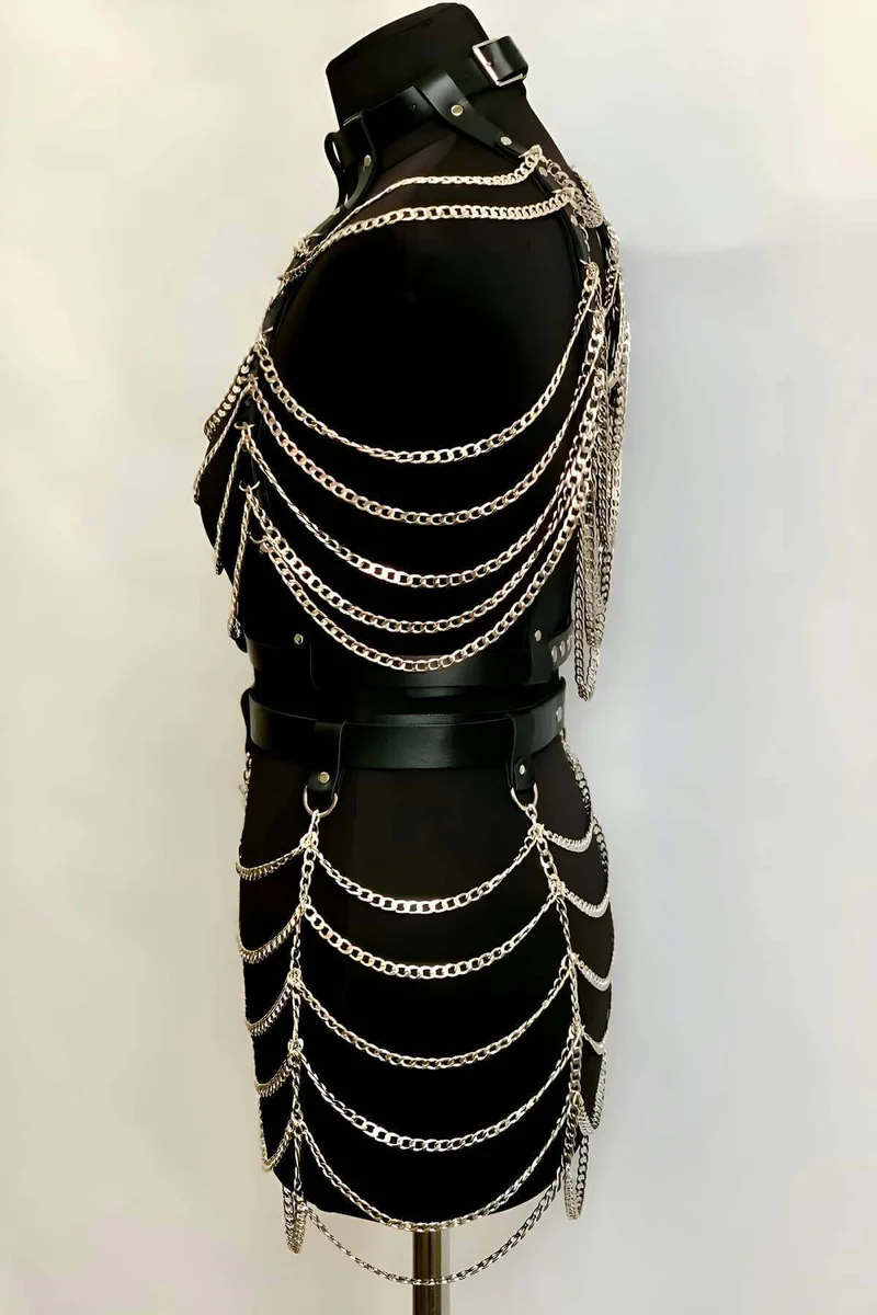 Chained Crop and Skirt Harness Top and Bottom Set, Festival Stage Clothes - APFT1006