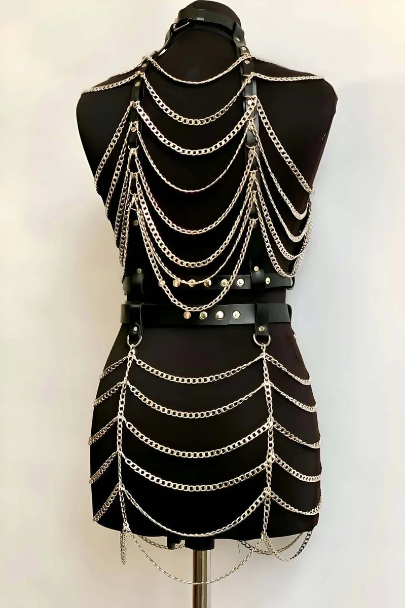 Chained Crop and Skirt Harness Top and Bottom Set, Festival Stage Clothes - APFT1006