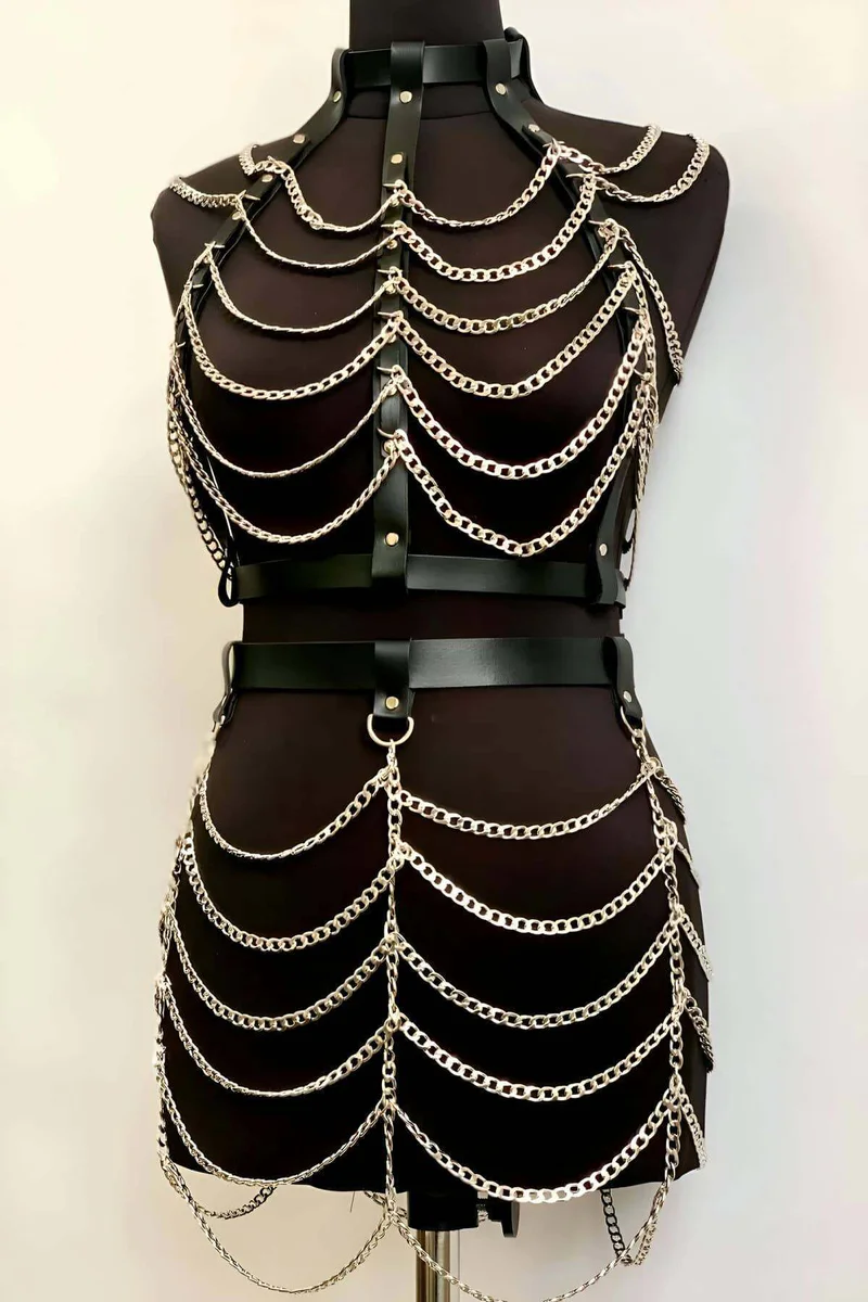 Chained Crop and Skirt Harness Top and Bottom Set, Festival Stage Clothes - APFT1006