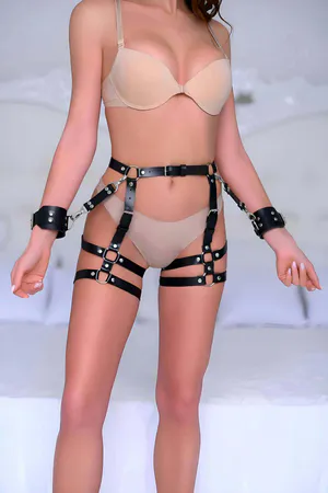 Black Faux Leather Thigh Harness Set with Detachable Wrist Cuffs