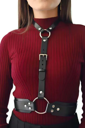 Black Faux Leather Body Harness O-Ring Waist Belt Worn Over Turtleneck