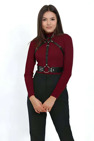 Black Faux Leather Chest Harness with Waist O-Ring Adjustable Straps