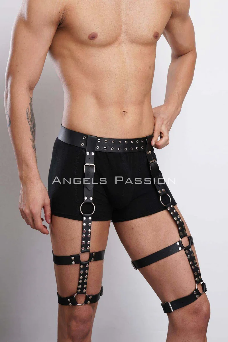 Black faux leather leg harness close