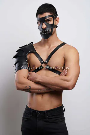 Mask Detailed Single Arm Barbarian Costume Suit, Men's Leather Cosplay Suit - APFTM197