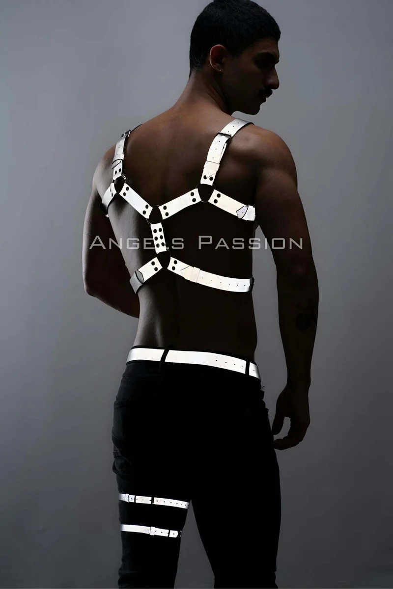 Festival reflective silver harness set on a man