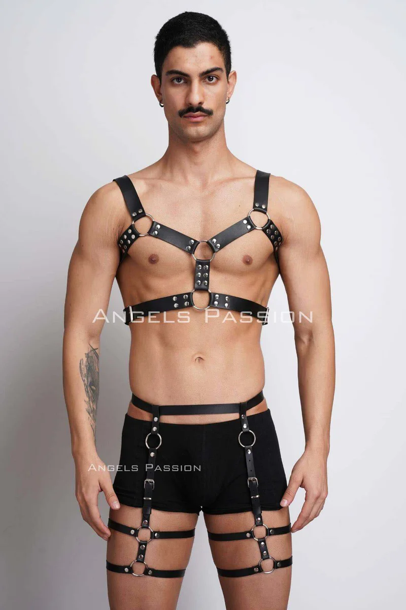 Black Faux Leather Full Body Harness Set with Thigh Straps and Rivets