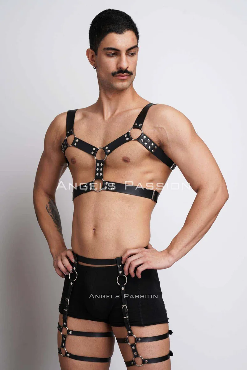 Black Faux Leather Chest Harness Close