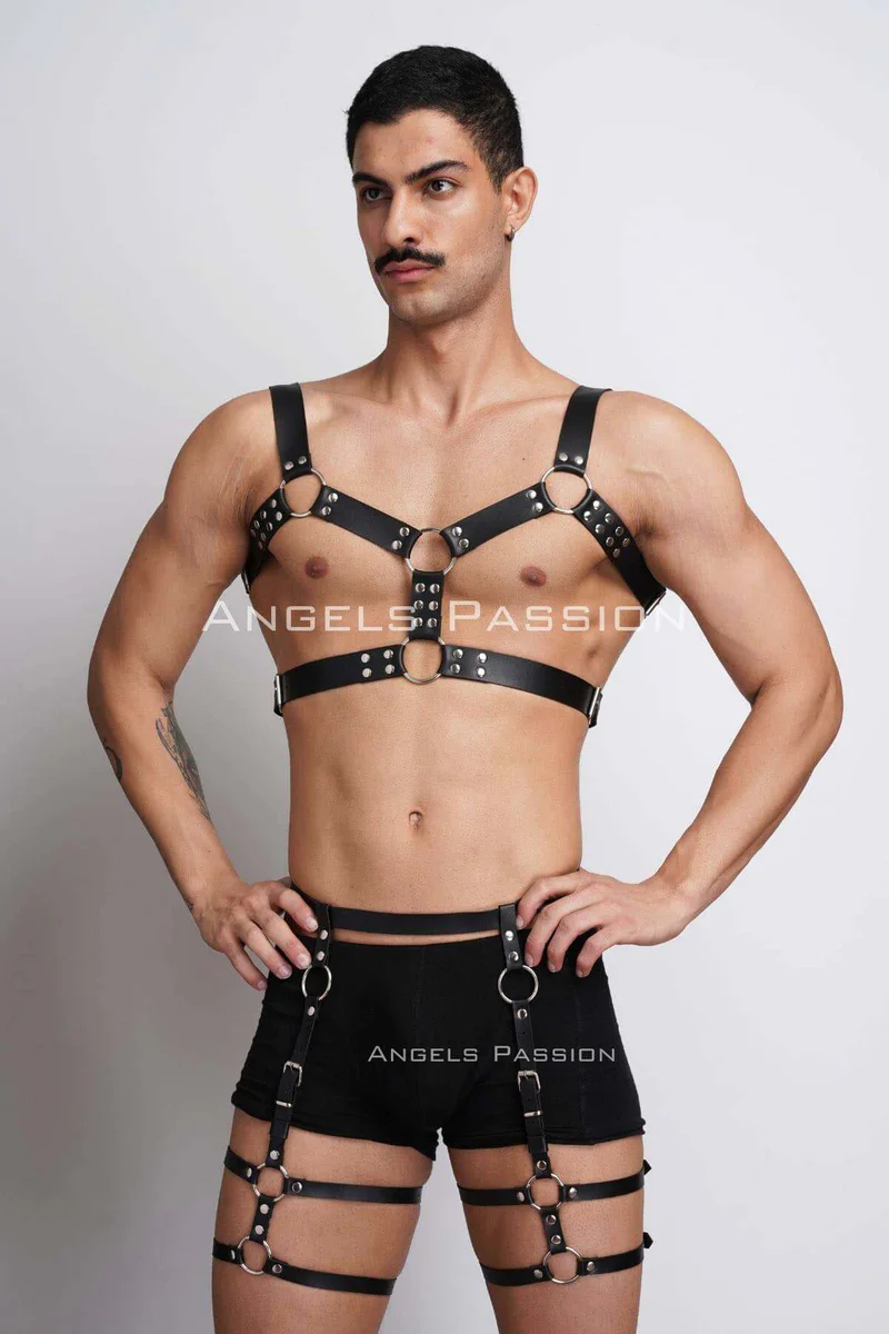 Black Vegan Leather Body Harness Front View with