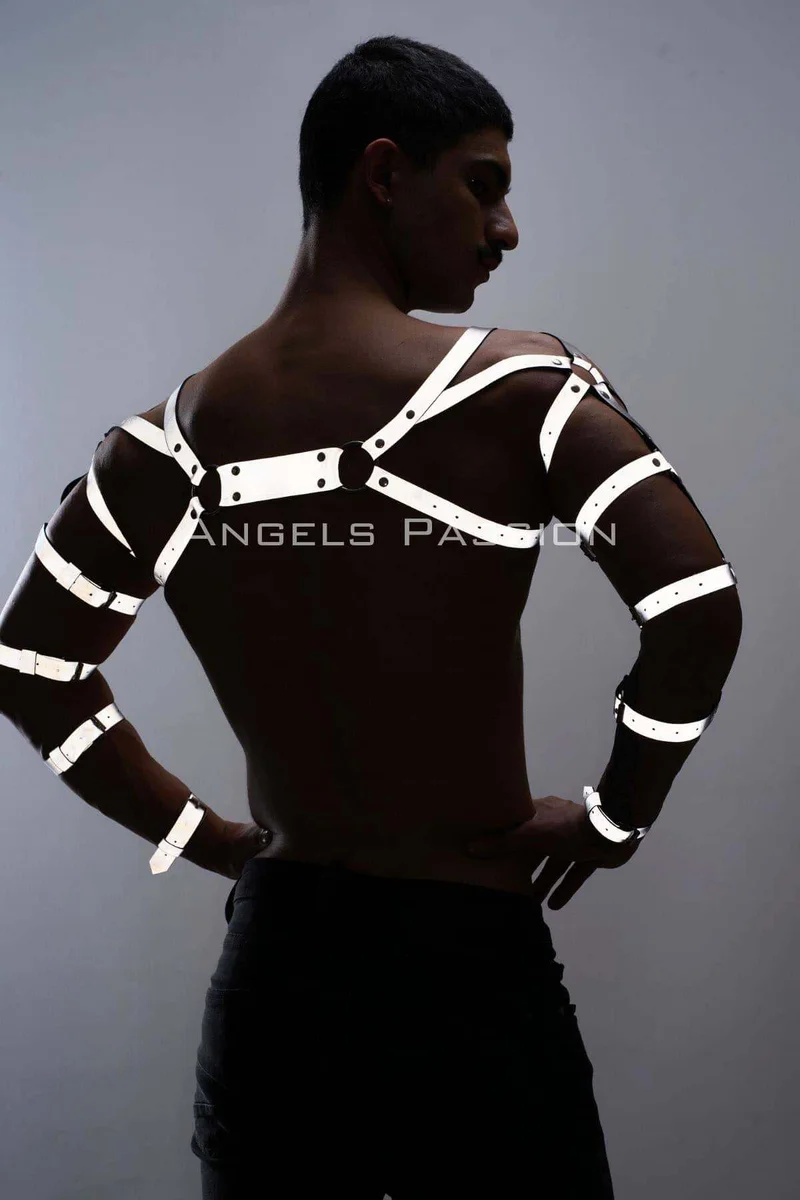 Festival outfit reflective silver arm cuffs and