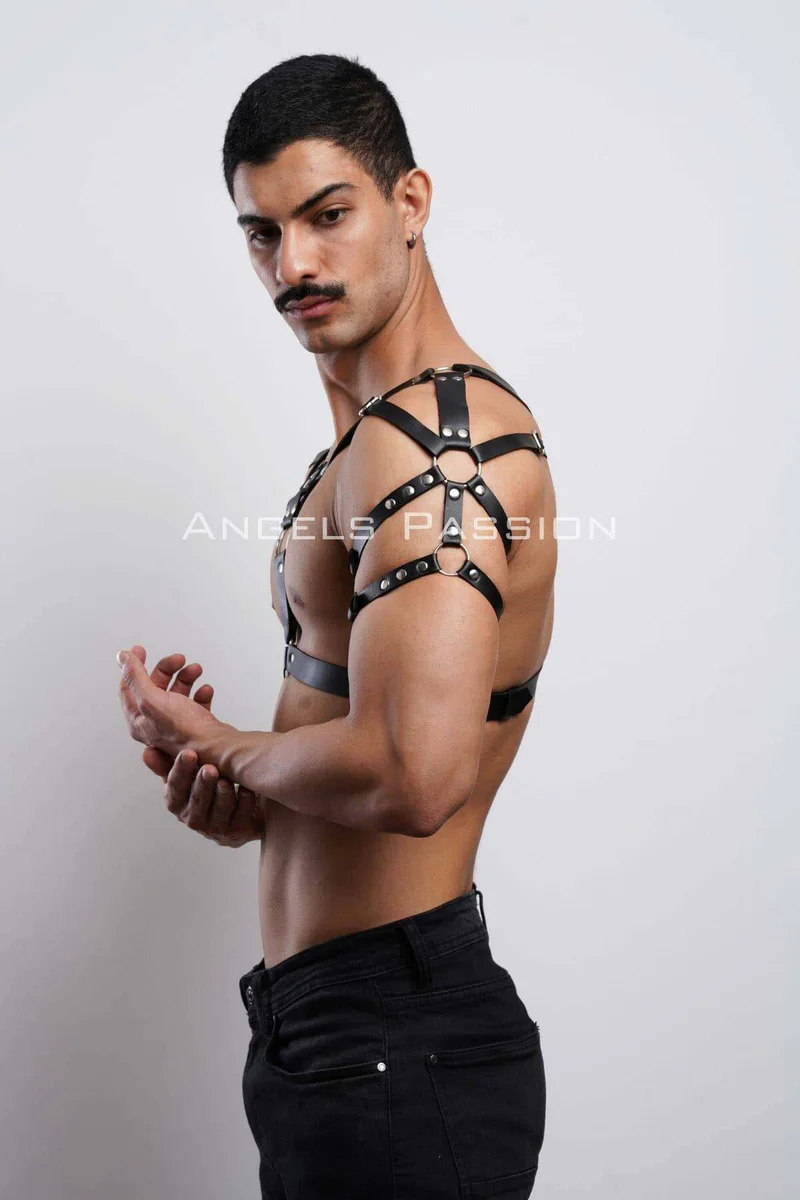 Mens festival black leather harness set with