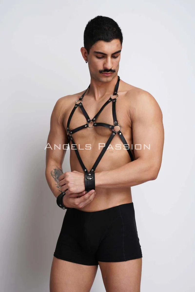 Black Faux Leather Chest Harness Side