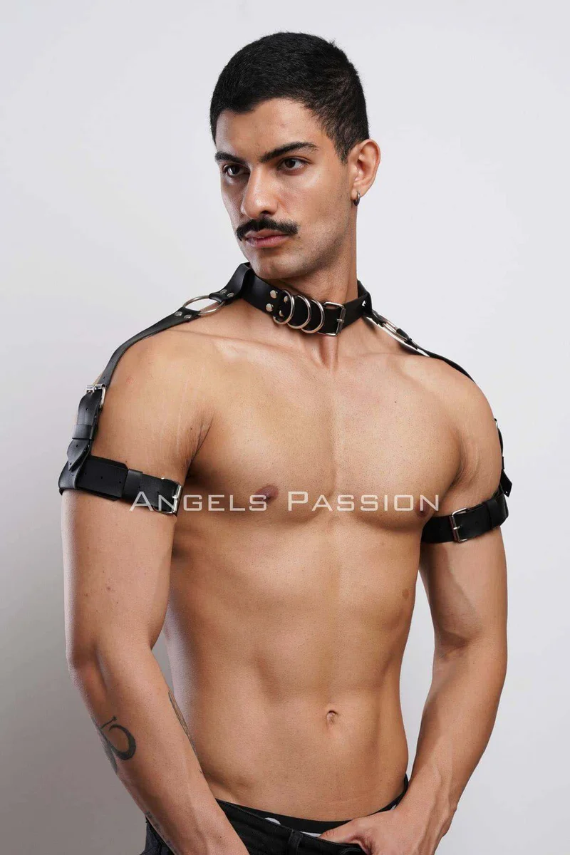 Black Vegan Leather Arm Bands Harness on shirtless