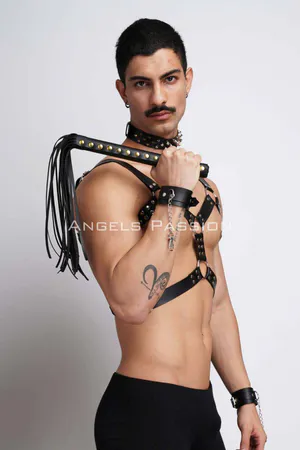 Men's Fancy Clothing, Leather Men's Harness Suit with Whip and Spiked Choker Detail - APFTM102