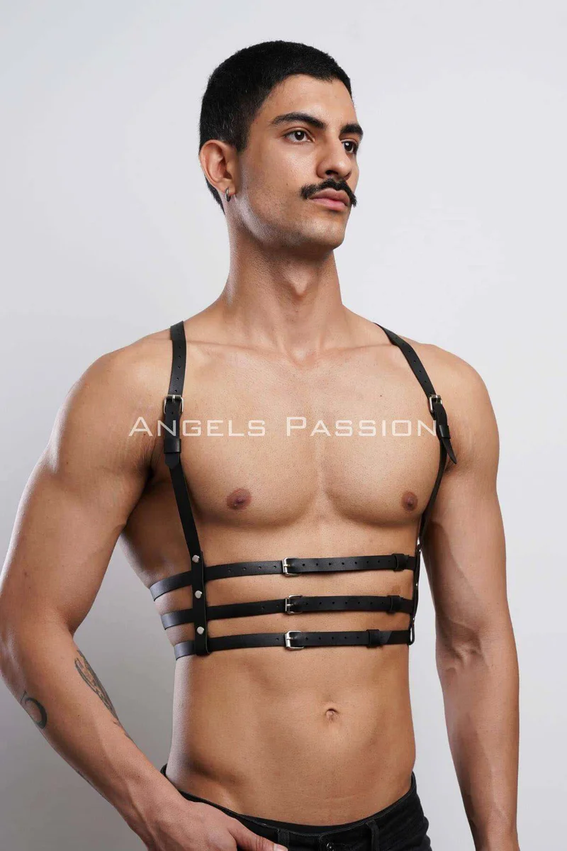 Mens Chest Harness Black Vegan Leather with adjustable