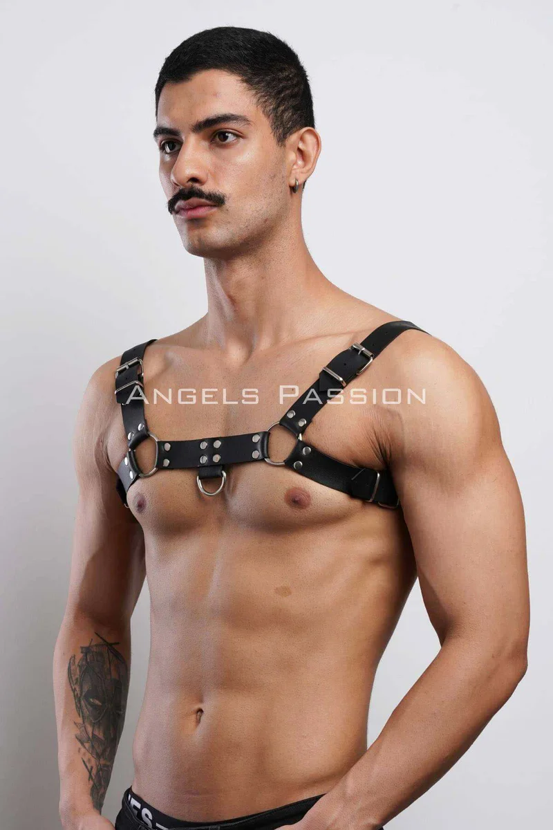 Black Studded Chest Harness Front View Silver