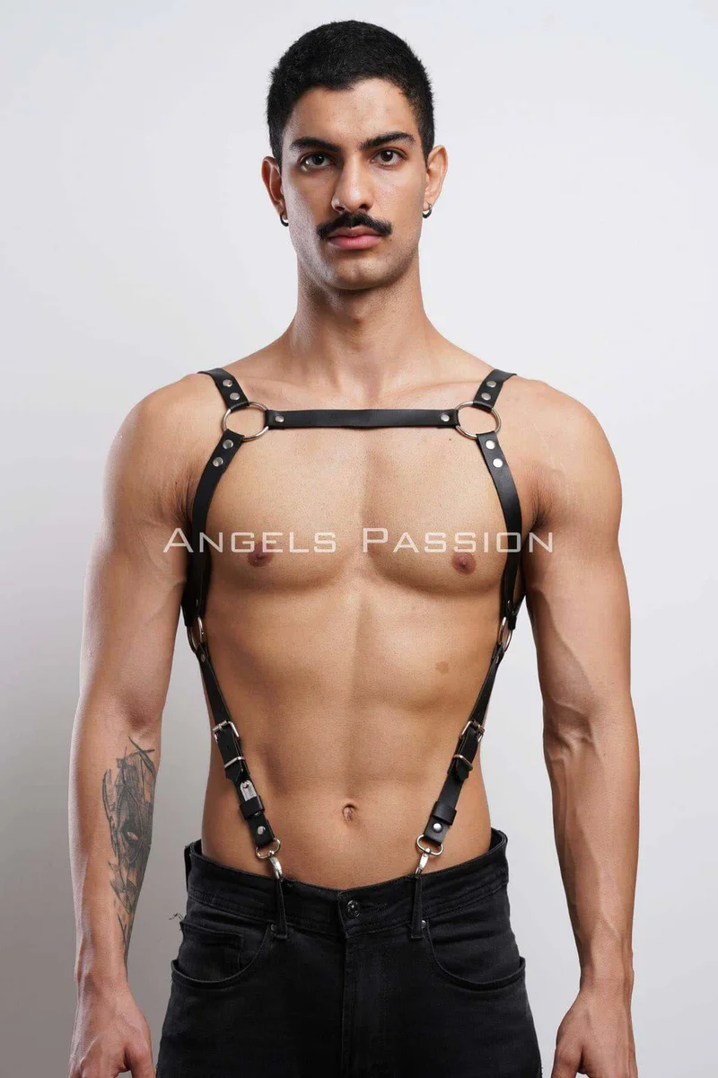 Black Vegan Leather Chest Harness Front View