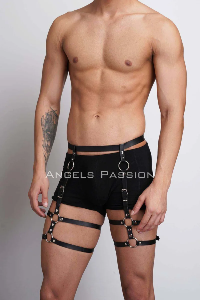 Black leather leg harness set with multiple
