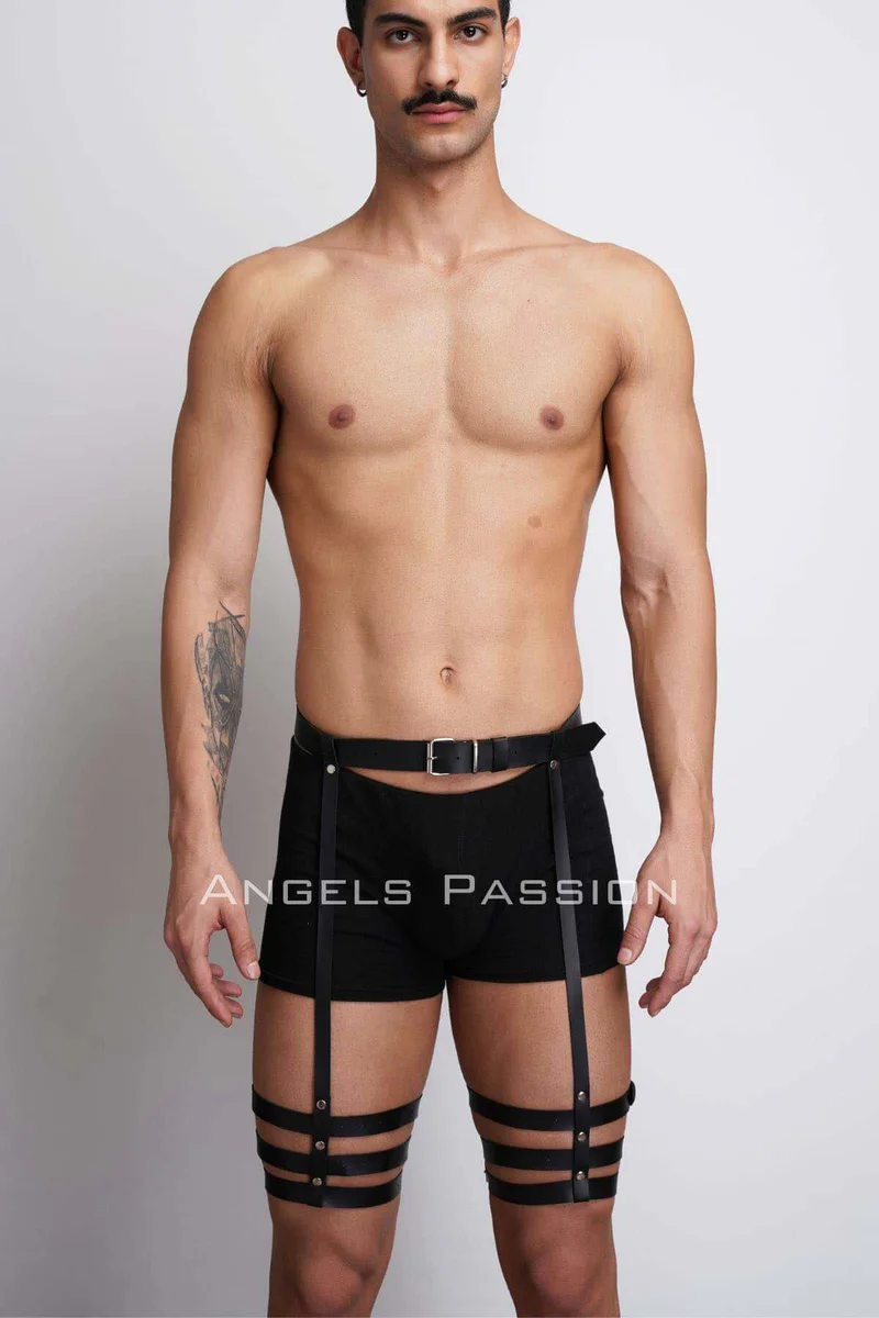 Black Faux Leather Thigh Harness with Double Adjustable Leg Straps and Waist Belt